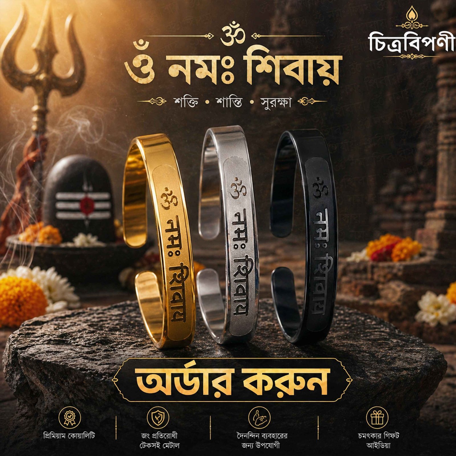10 “ॐ নমঃ শিবায়” অরজিনাল স্টেইনলেস স্টিলের ব্রেসলেট - Image 1